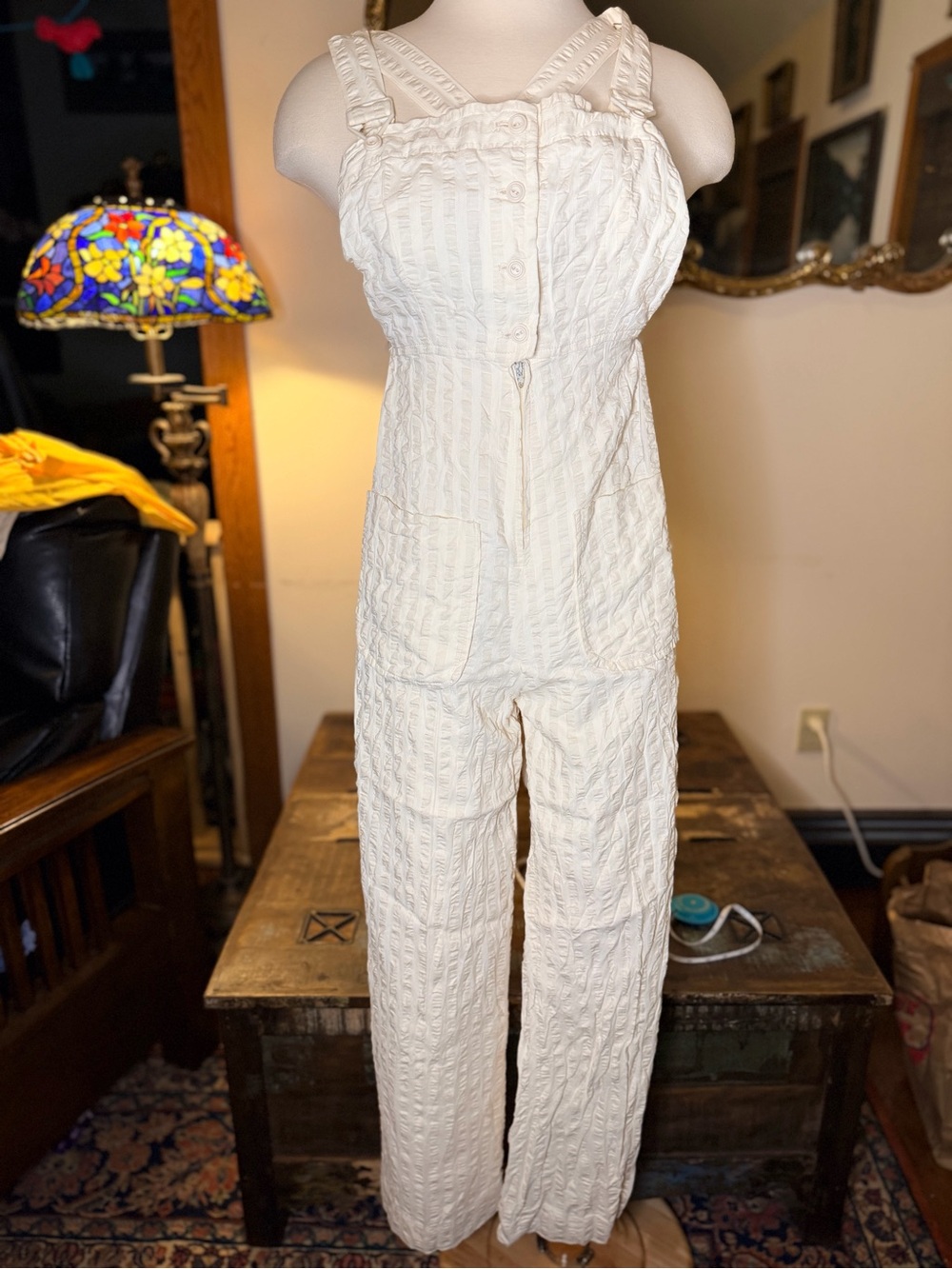 VINTAGE- Women's Cream Oversized Seersucker Cotton Overalls